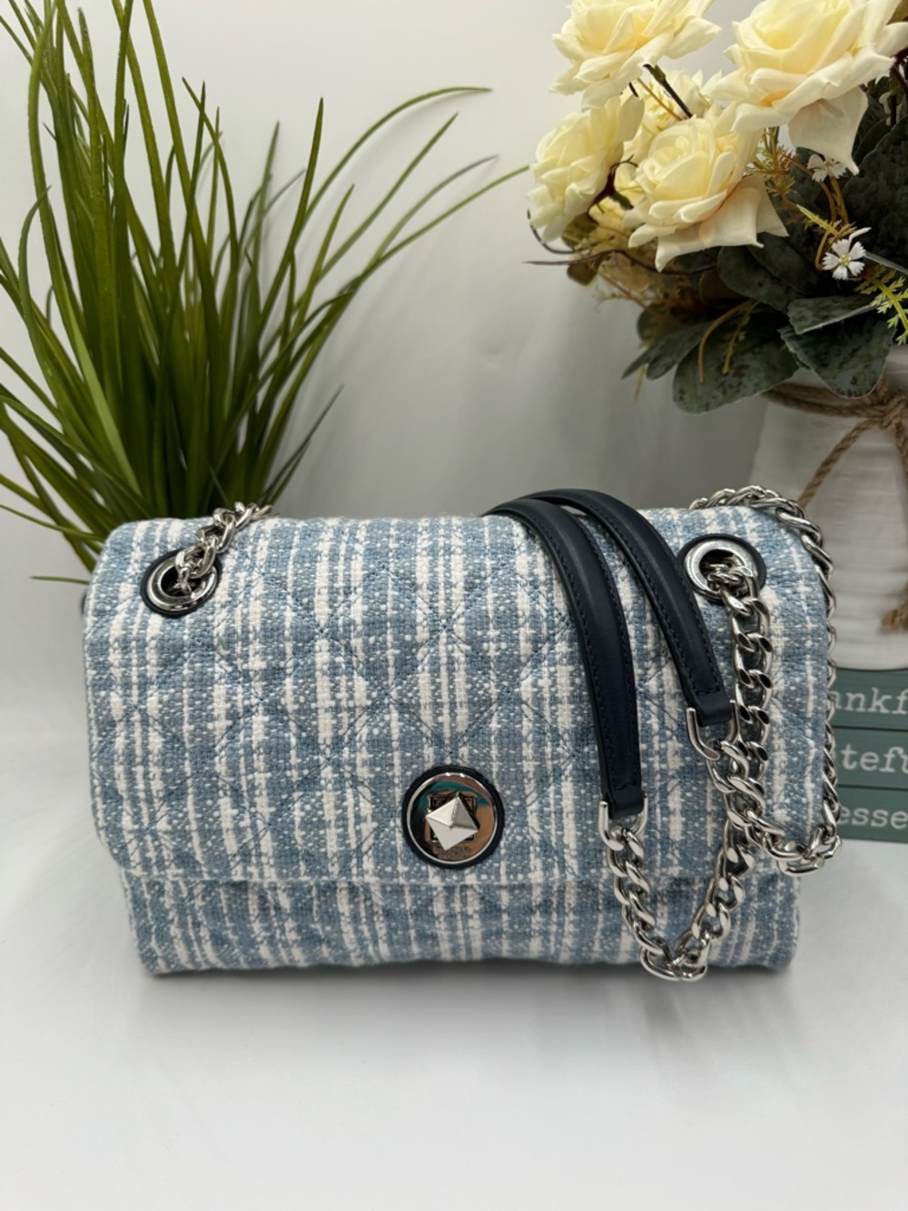 Kate Spade Natalia Quilted Denim Tweed Medium Flap Shoulder Bag - Blue Multi